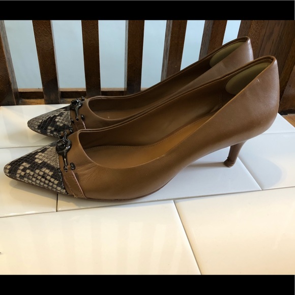 Dark tan COACH pumps with snakeskin tip detail. - Picture 2 of 5
